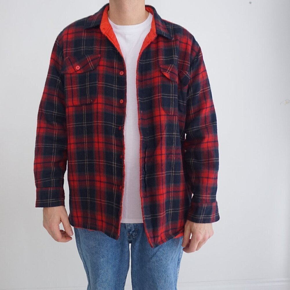Vintage Greatland Sportswear Red Navy Tartan Quilt Lined Button Up Wall Shacket